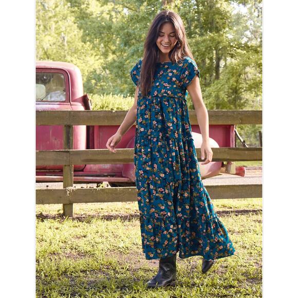 Natural Life Women's M Berkley Corduroy Maxi Dress Turquoise Ditsy Floral NWT - Picture 1 of 9